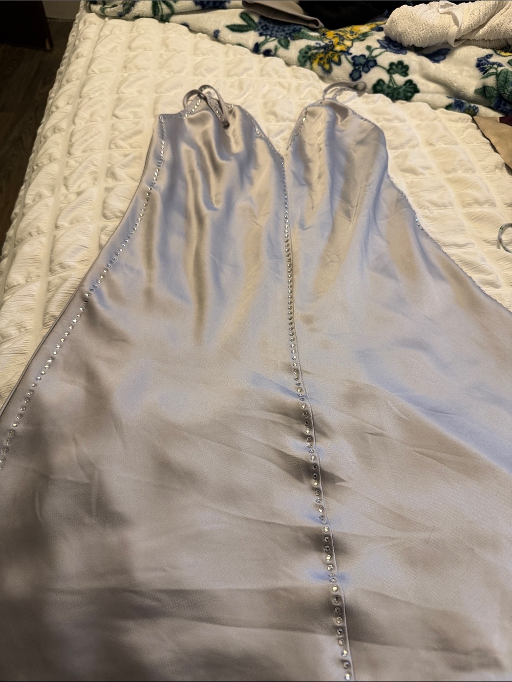 Victoria's Secret Silver Satin Mini Dress with Rhinestone Trim
